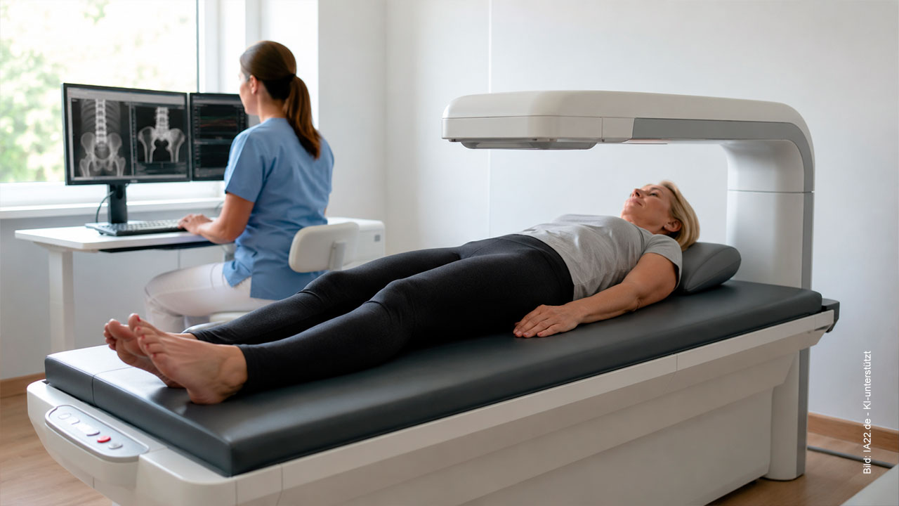 Der DEXA-Scan (Dual-Energy-X-Ray-Absorptiometrie) misst schmerzfrei und schnell die Knochendichte, vor allem an Wirbelsäule und Hüfte. 